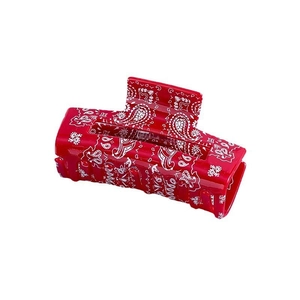 Red large hair claw clip with white paisley pattern made of glossy acrylic resin