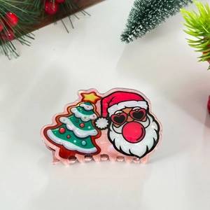 Pink acrylic Christmas claw clip featuring Santa Claus with heart sunglasses and a tree