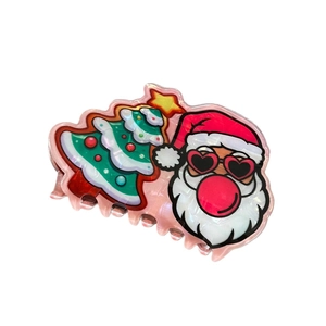Cute Christmas hair claw with Santa Claus and Xmas tree pattern on pearlescent base