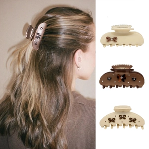 Fashion Acetate Hair Claw Clip With Bowknot Rhinestone Decor Large Shark Clip For Women Coffee Cream Hair Accessory