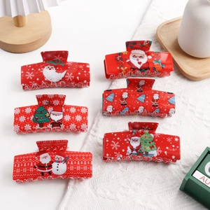 Pince à Cheveux de Noël Rouge PVC Motif Père Noël Bonhomme de Neige Grande Pince à Cheveux Femme Accessoire de Fête