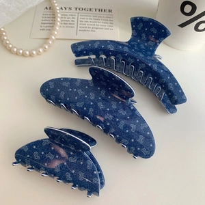 Korean Style Denim Blue Acetate Hair Claw Clip Star Heart Print Retro Shark Clip For Women Daily Hair Accessories