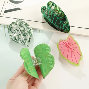 Vintage leaf shaped acetate hair claw clips in four colors for women hairstyling
