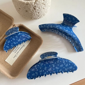 Acetat Haargreifer Blau Denim Print Weißes Herz Stern Große Haarklammer Mode Haarschmuck Für Damen Täglich Schmuck