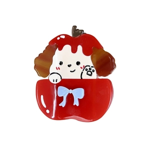 Cartoon puppy hair claw clip with red apple hat and blue bow made of acetate resin