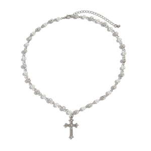 Collana hip hop da uomo con perle, sfere diamantate e ciondolo a croce in stile vintage