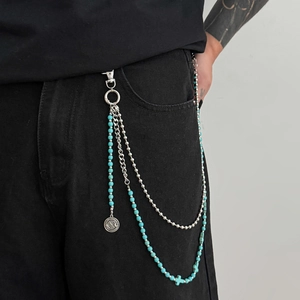 Men Hip Hop Multi Layer Waist Chain Faux Turquoise Beaded Cross Pendant Pants Chain Vintage Punk Silver Tone Metal Belt Chain