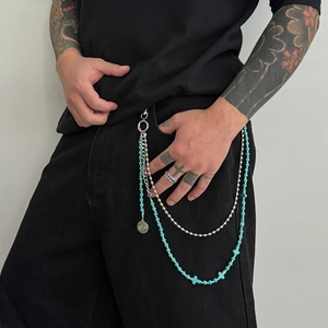 Multi-layer hip-hop trousers chain with turquoise beads and metallic cross pendant