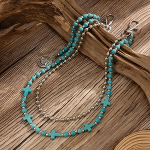 Mens hip hop turquoise beaded waist chain with cross charms and compass pendant detail
