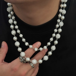 Hip Hop Doppellagige Imitationsperle Strass Kugel Halskette Gespleißte Schlüsselbein Kette Schmuck Für Herren Damen Geschenk