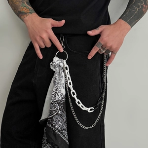 Men Hip Hop Paisley Bandana Waist Chain Acrylic Chunky Link Silver Alloy Metal Jean Pants Decor Streetwear Accessory