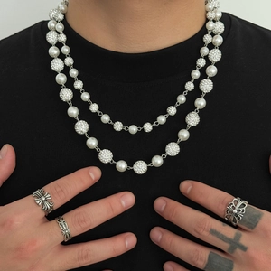 Herren Perlenkette zweilagig mit Iced-Out Kugeln und Vintage Silberringen für Männer