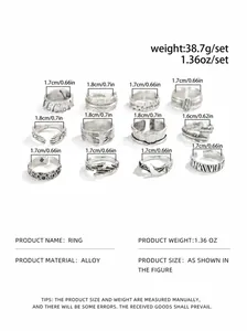 Detail-Größentabelle für das 12-teilige Retro-Silber-Ring-Set mit geschnitzten Mustern