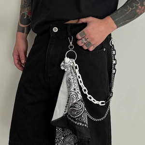 Hip hop pants chain set featuring metal rings, white plastic chain and paisley bandana