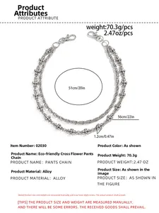 Detail view of silver double-layer cross pendant pants chain with size measurements