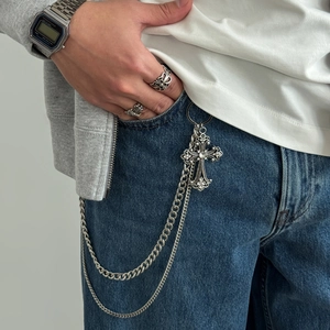 Hip Hop Double Layer Metal Trousers Chain With Rhinestone Cross Pendant Punk Gothic Belt Chain For Men Jeans Accessories