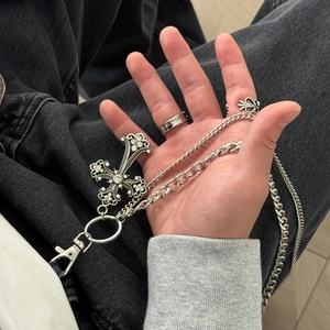 Gothic punk metal chain necklace set with cross pendant and vintage rings for men