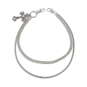 Punk style silver double-layer trousers chain with cross pendant and shiny rhinestones