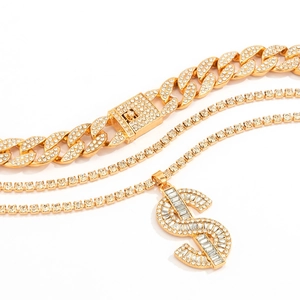 Hip-hop style multi-layer gold plated Cuban chain with dollar sign pendant and rhinestones