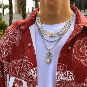 Dreiteiliges Hip-Hop-Halsketten-Set mit Iced-Out-Panzerkette und Dollar-Symbol-Anhänger
