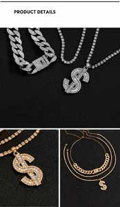 Detailansicht der Hip-Hop-Dollaranhänger-Halskette mit Iced-Out Cuban- und Tennis-Ketten