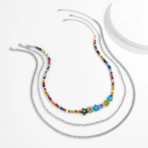 Ensemble de colliers superposés pour hommes avec perles colorées et pendentifs fleurs