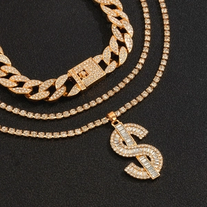 Hip hop jewelry set with gold Cuban chain, tennis chain and dollar sign pendant