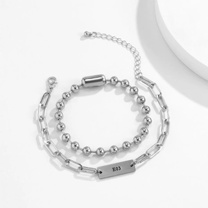 Men's silver double-layer hip-hop bracelet with round beads and E03 rectangle tag