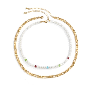 Men's double layered gold Figaro chain and pearl necklace set with colorful bead accents