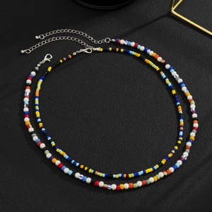 Men's colorful seed bead and pearl necklace set with bohemian style and silver lobster clasp
