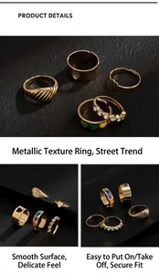 Dettagli set di anelli hip-hop dorati con cuori traforati e pavé di diamanti sintetici