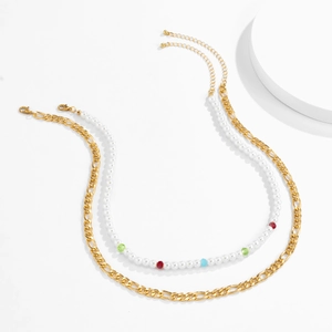Double-layered men's gold Figaro chain and white pearl necklace with colorful beads