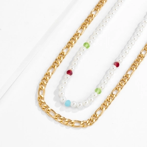 Men's double layer necklace with gold cuban chain and colorful pearls in 45-degree view