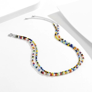 Bohemian multicolored beaded necklace set with faux pearls and adjustable silver chain
