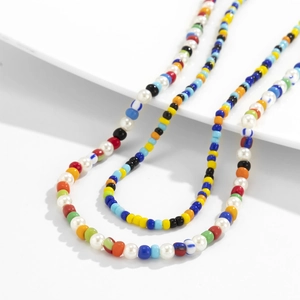 Bohemian colorful handmade beaded necklace set with vibrant seed beads and pearls