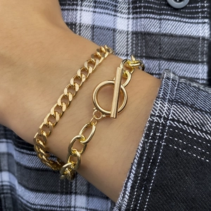 Minimalist Alloy Double Layer Curb Chain Toggle Clasp Bracelet For Men Trendy Geometric Link Bracelet Set Gold Silver Jewelry