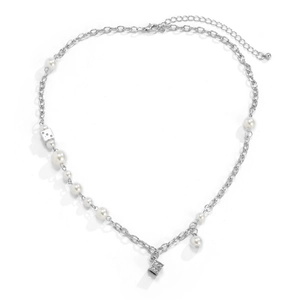 Men's trendy silver chain necklace with spliced white pearls and silver dice pendants