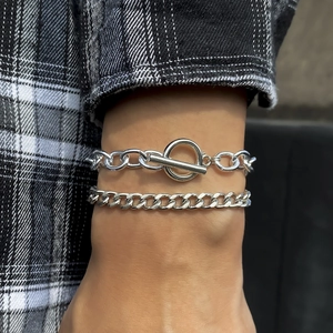 Double-layered silver metal bracelet set with OT toggle clasp and Cuban link chain
