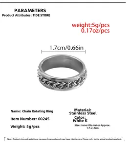 Macro detail of the rotating stainless steel chain ring with size and weight specs