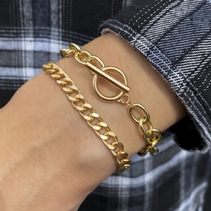 Minimalist double-layered gold flat and cross chain bracelet set with OT buckle for men