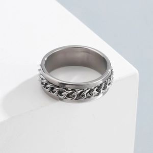 Mens hip hop spinning ring with Cuban chain link design in polished stainless steel finish