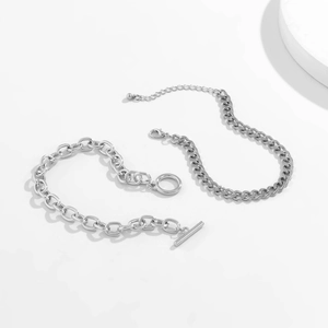 Minimalist silver dual-layer curb chain bracelet and necklace set with toggle clasp