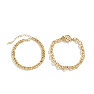 Dual-layer gold Cuban and oval link bracelet set with lobster clasp and OT buckle