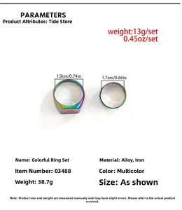 Macro detail of rainbow electroplated square and thin ring set made of alloy and iron