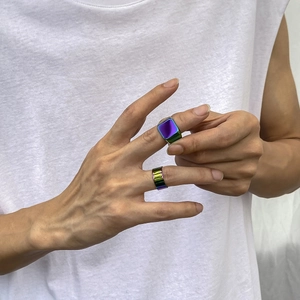 Set of two iridescent square signet and flat band rings with rainbow metallic finish