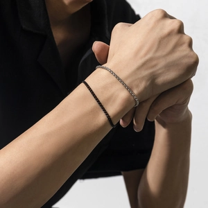 Minimalist Metal Chain Bracelet For Men Black Curb Chain And Silver Box Chain Punk Style Double Layer Stacking Jewelry Gift