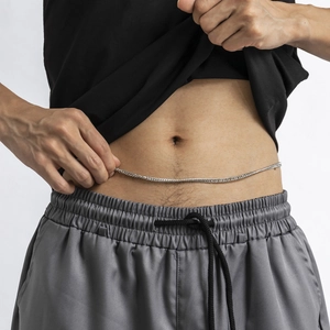 Minimalist silver metal body chain for men with simple single layer waist link design