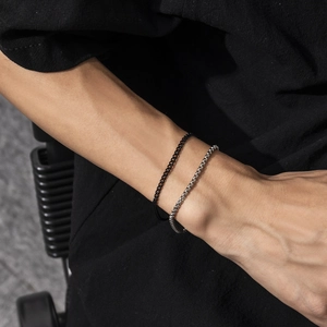 Layered punk style bracelet set with black cuban chain and silver square bead chain