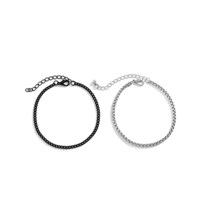 Double-layered punk box chain and black cable link bracelet set for men and women