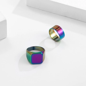 Rainbow gradient stainless steel ring set with square face and sleek minimalist band